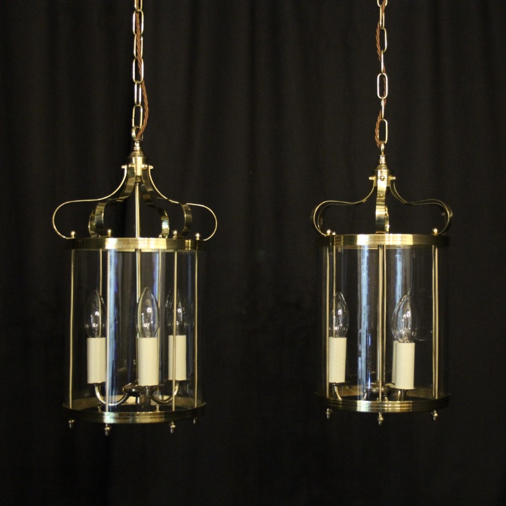 English Pair Of Brass Convex Hall Lanterns