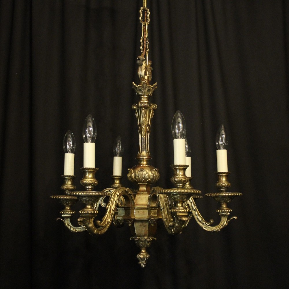 English 19th C Gilded Bronze 6 Light Antique Chandelier