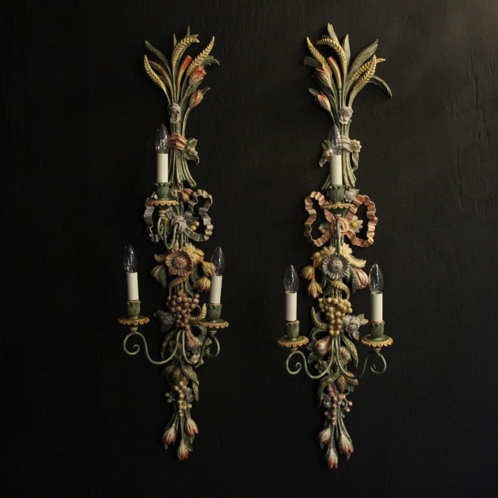 Italian Large Pair Of Polychrome Triple Arm Wall Lights