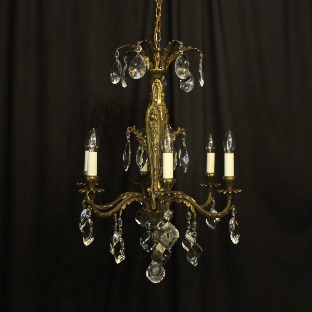 French Gilded Bronze & Crystal 6 Light Antique Chandelier