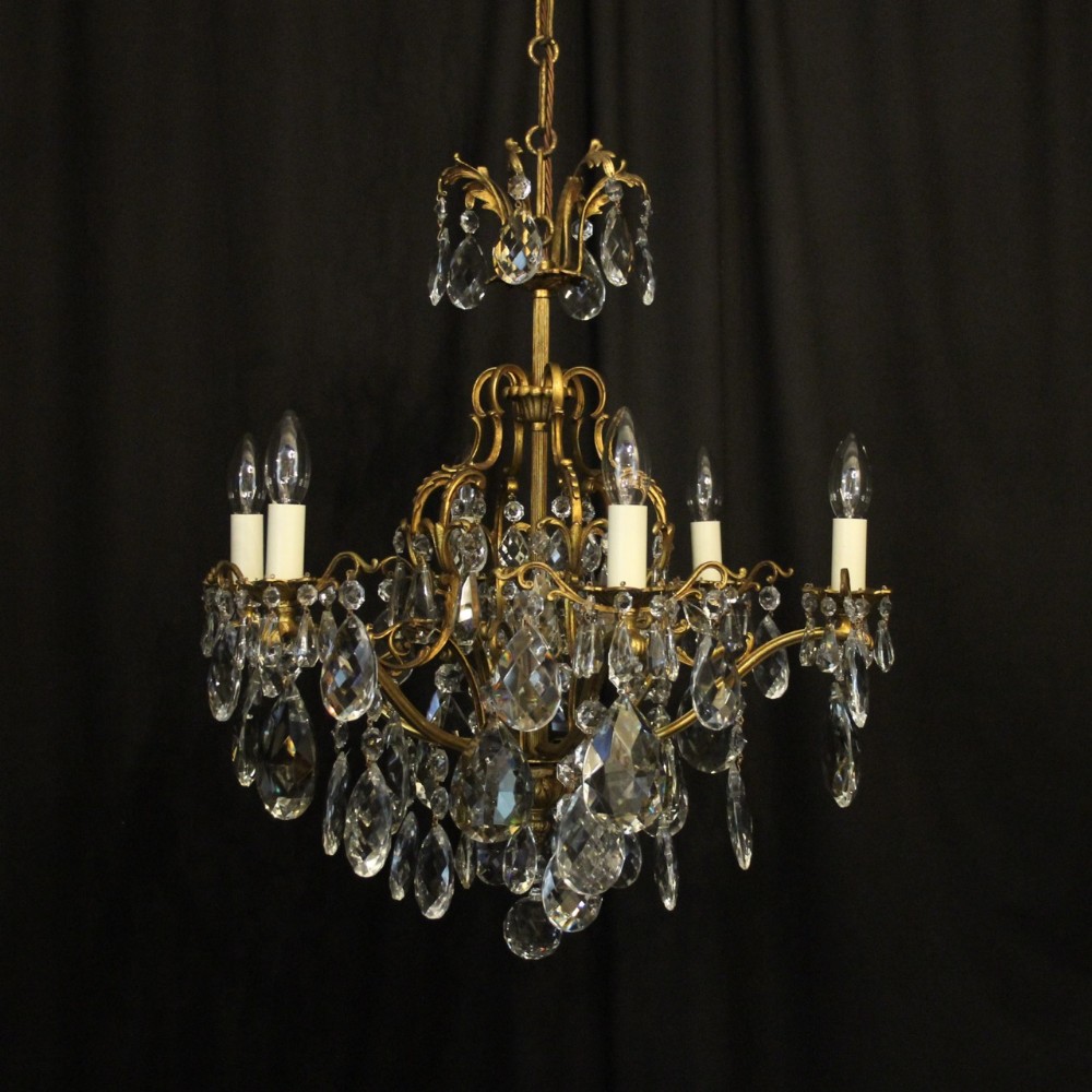 Italian Gilded Bronze & Crystal 6 Light Antique Chandelier