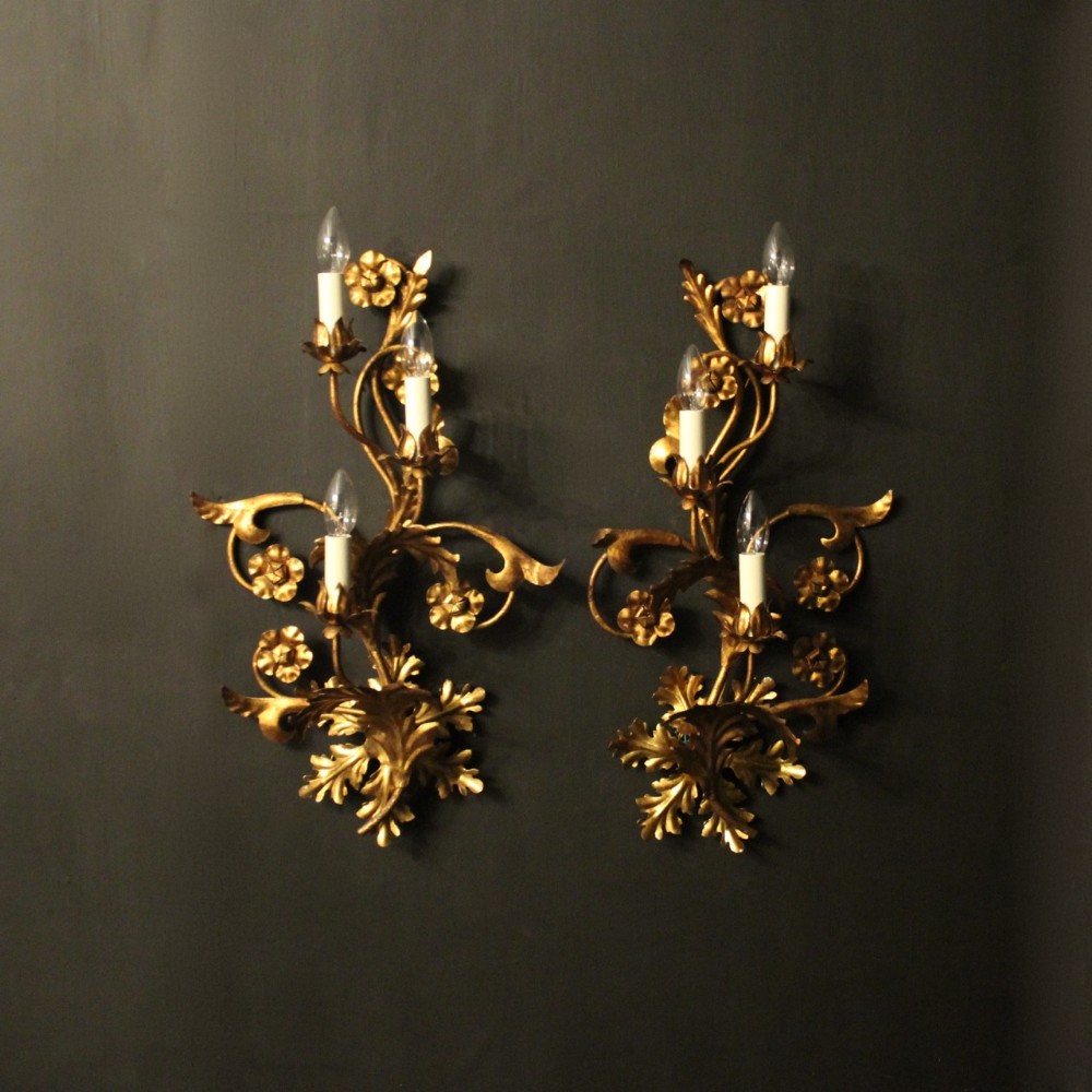 Florentine Pair Of Gilded 3 Arm Wall Lights