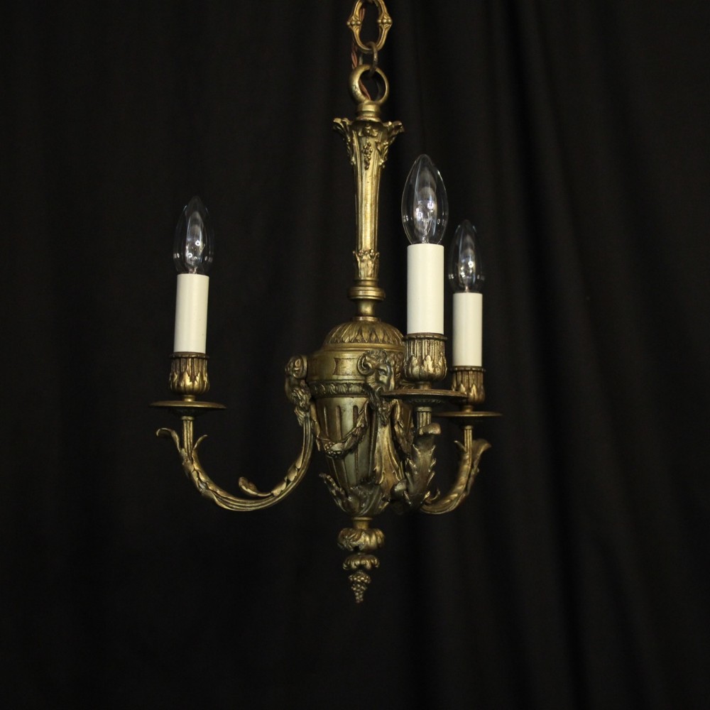 English Gilded Bronze Triple Light Antique Chandelier