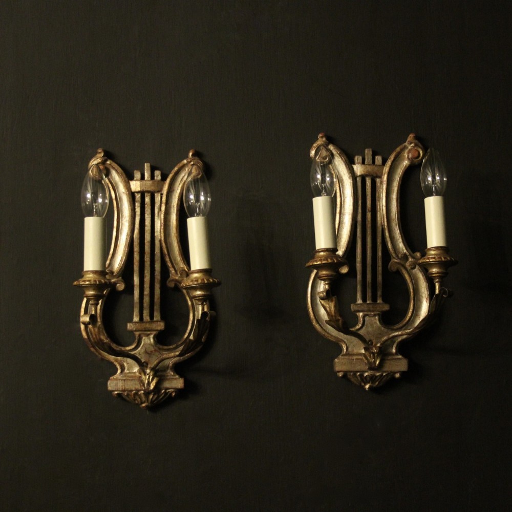 Italian Silver Giltwood Lyre Twin Arm Wall Lights