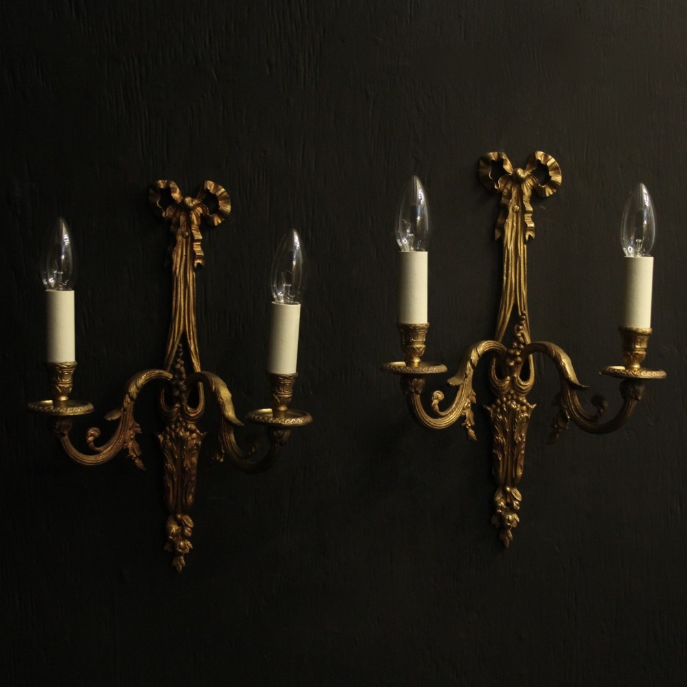 French Pair Of Gilded Bronze Ribbon Antique Wall Lights