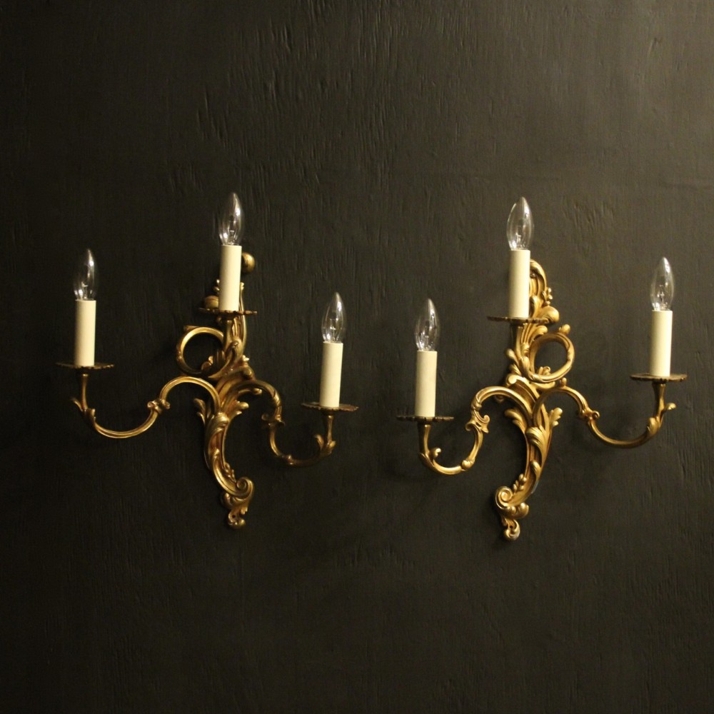 French Bronze Pair Of Triple Arm Antique Wall Lights