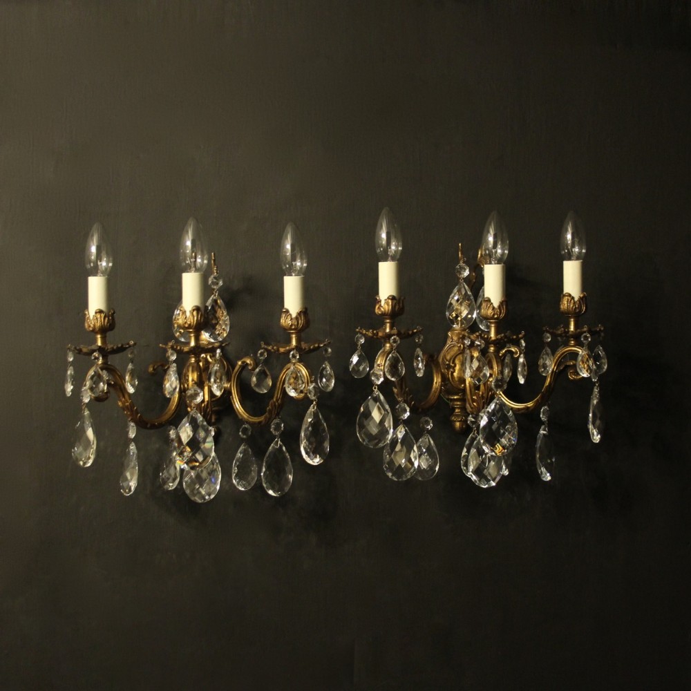 Italian Pair Of Gilded Bronze & Crystal Antique Wall Lights