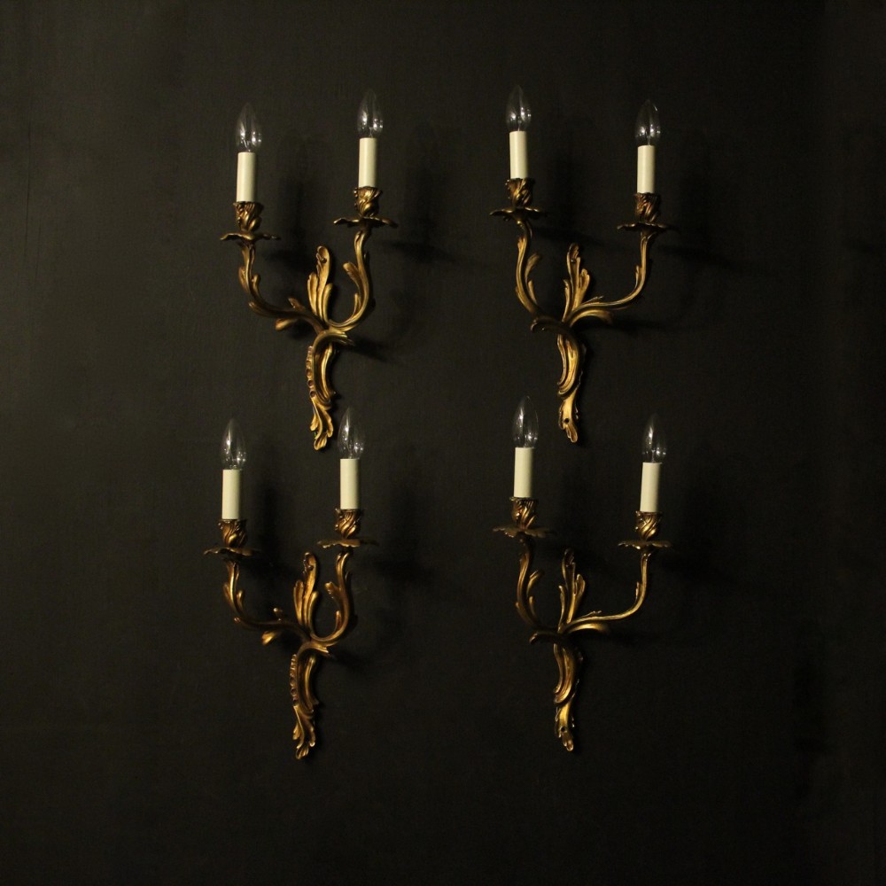 French Set Of 4 Gilded Brass Twin Arm Antique Wall Lights