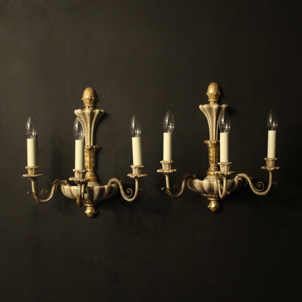 French Pair Of Polychrome Triple Arm Wall Lights
