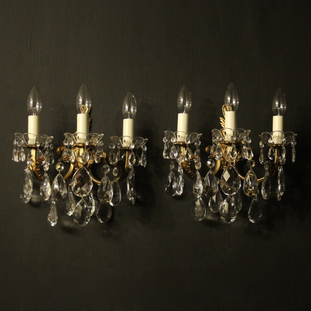 Italian Pair Of Gilded & Crystal Triple Arm Antique Wall Lights