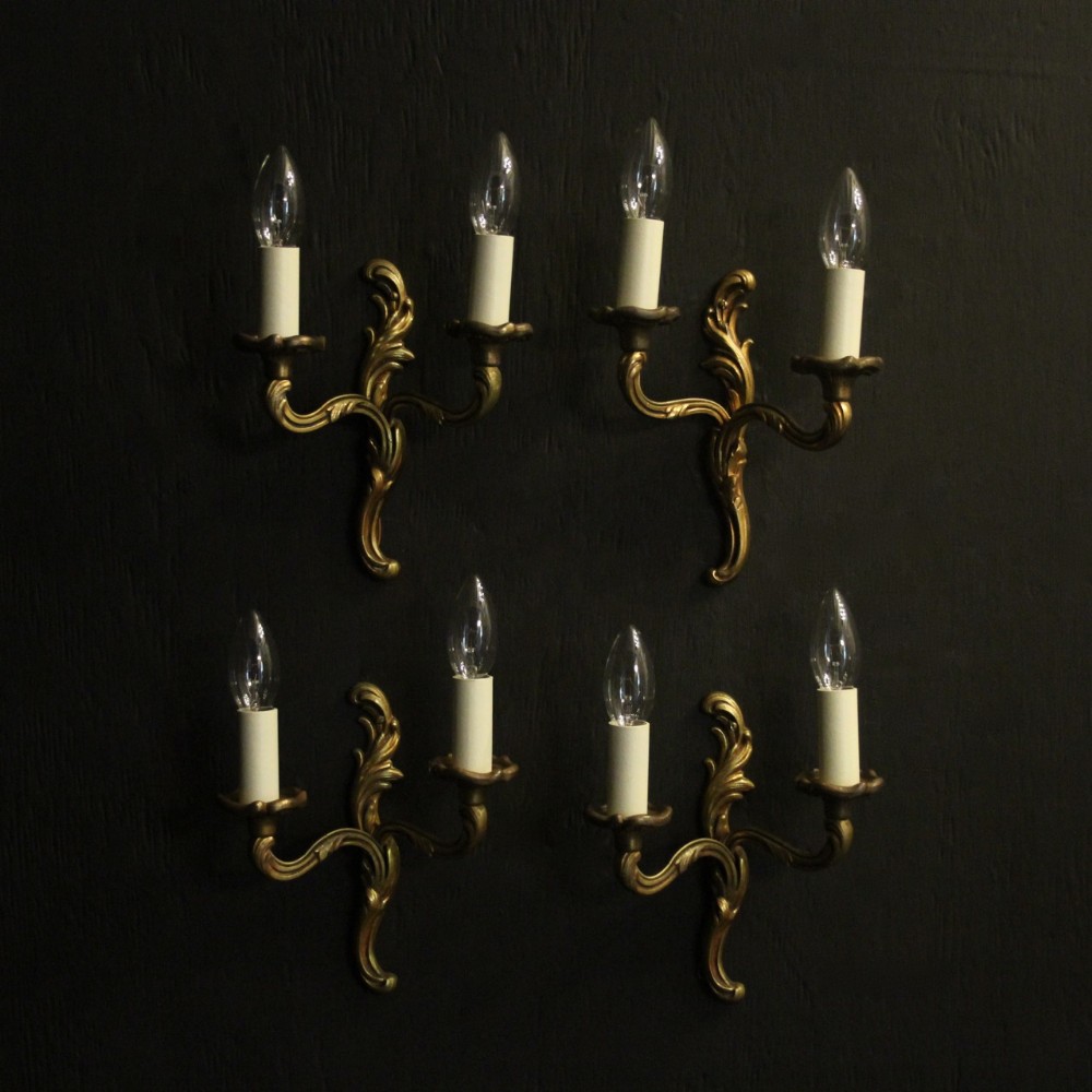 French Set Of 4 Small Gilded Bronze Twin Arm Antique Wall Lights