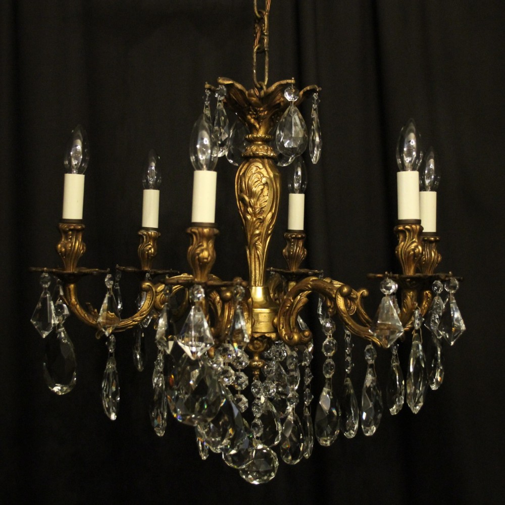 Italian Gillded Bronze & Crystal 6 Light Antique Chandelier