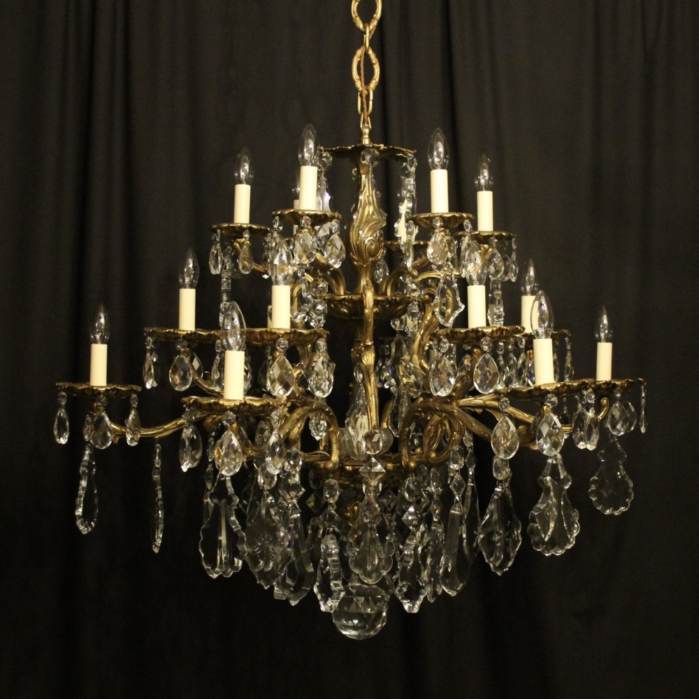 Italian Large Gilded Bronze & Crystal 19 Light Antique Chandelier