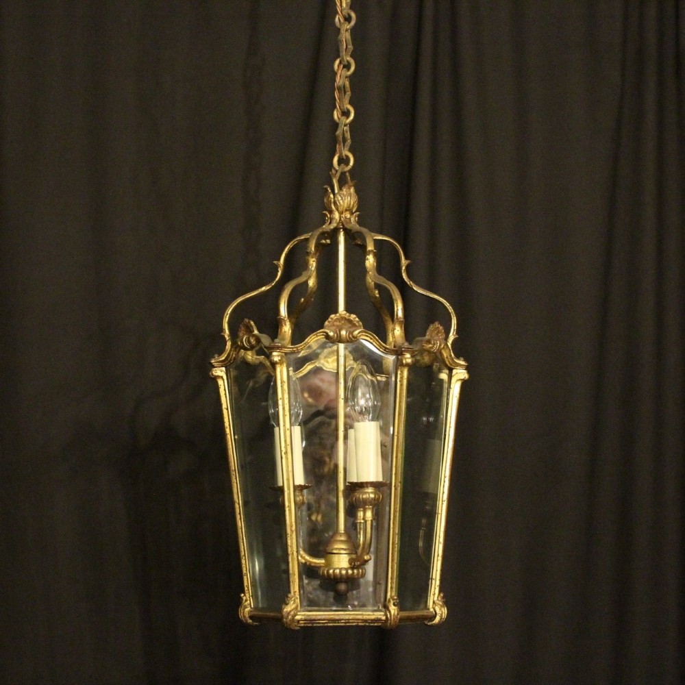 French Gilded Bronze Triple Light Antique Lantern
