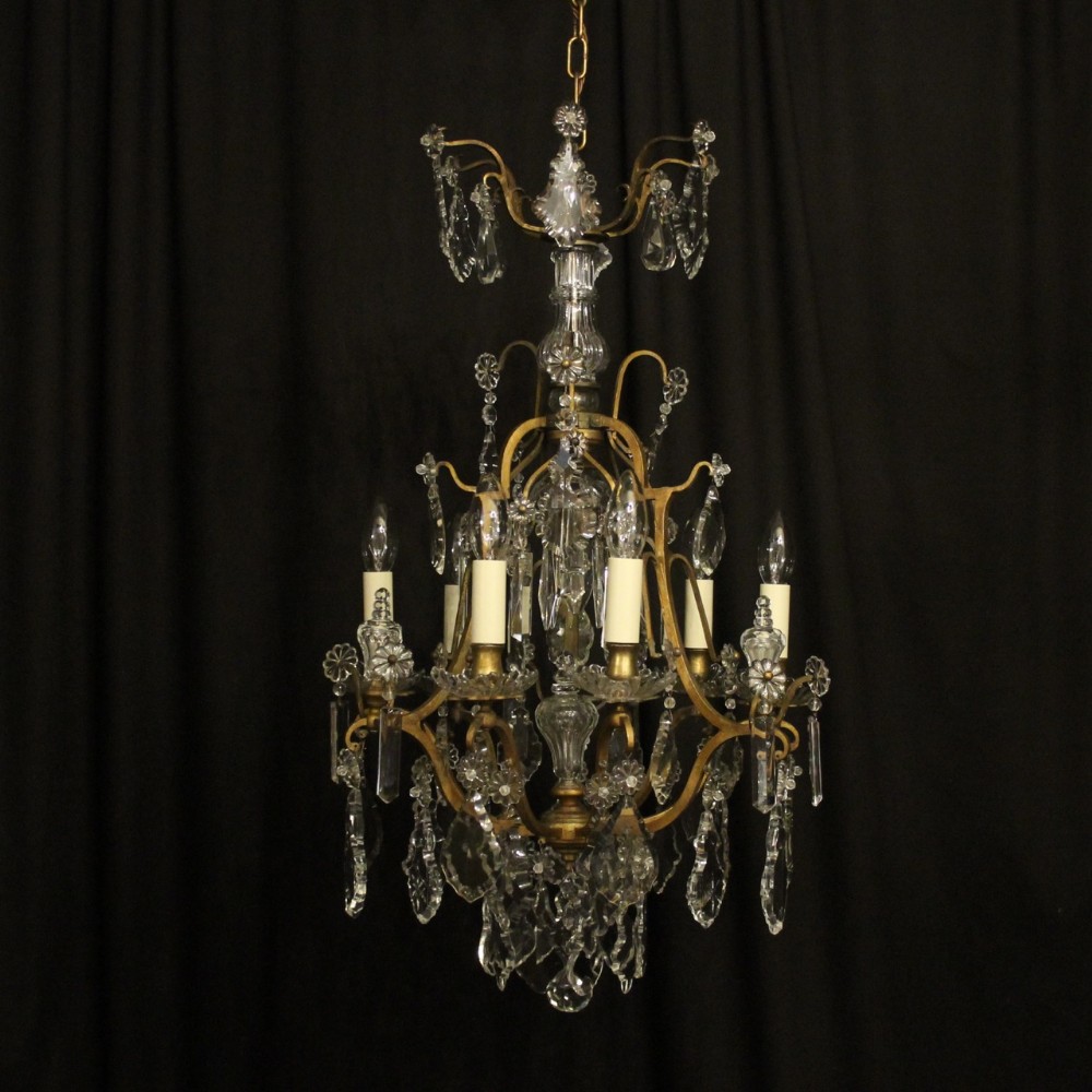 French Gilded Birdcage & Crystal 7 Light Antique Chandelier