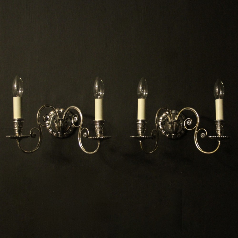 English Pair Of Silver Twin Arm Antique Wall Lights
