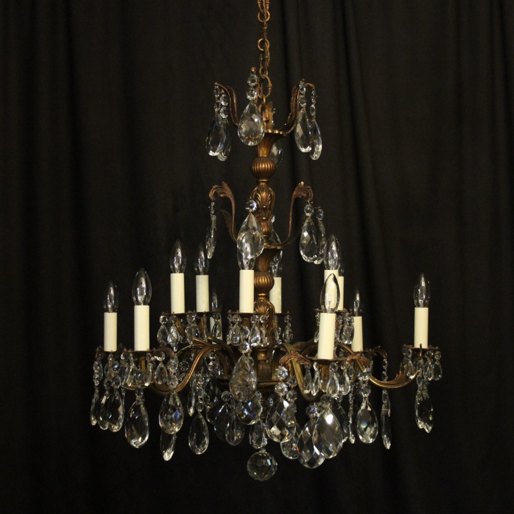 Italian Gilded Bronze & Crystal 12 Light Antique Chandelier