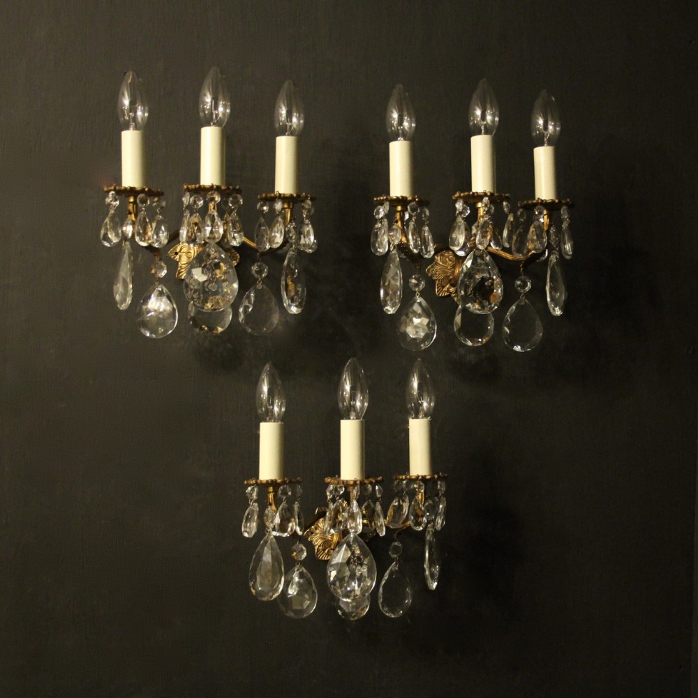 Italian Set Of 3 Gilded Triple Arm Wall Lights
