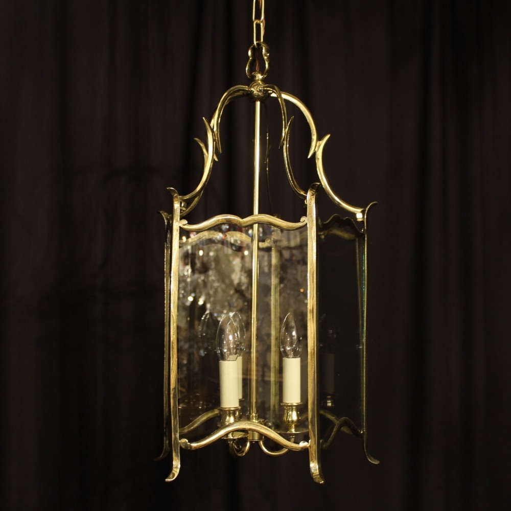 English Brass Triple Light 5 Sided Antique Hall Lantern