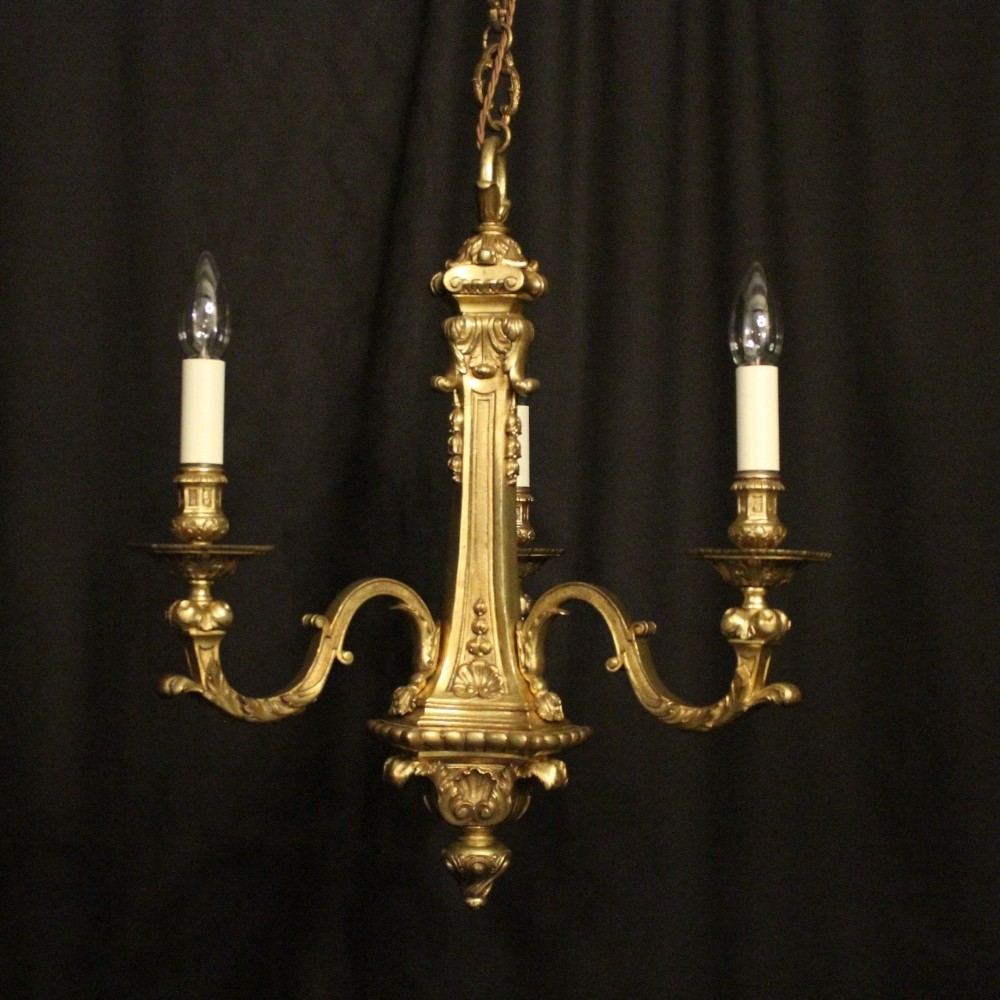 English 19th C Gilded Bronze Triple Light Antique Chandelier