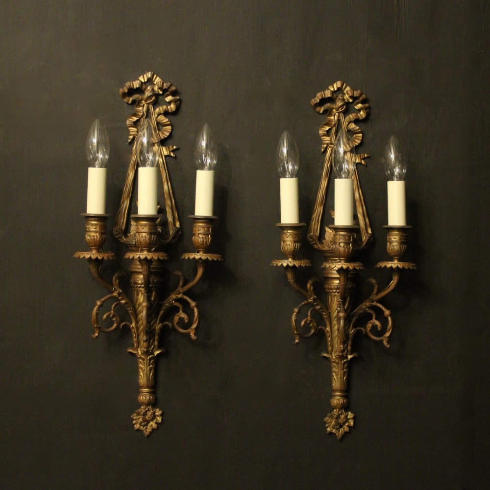 French 19th Century Gilded Bronze Triple Arm Antique Wall Sconces