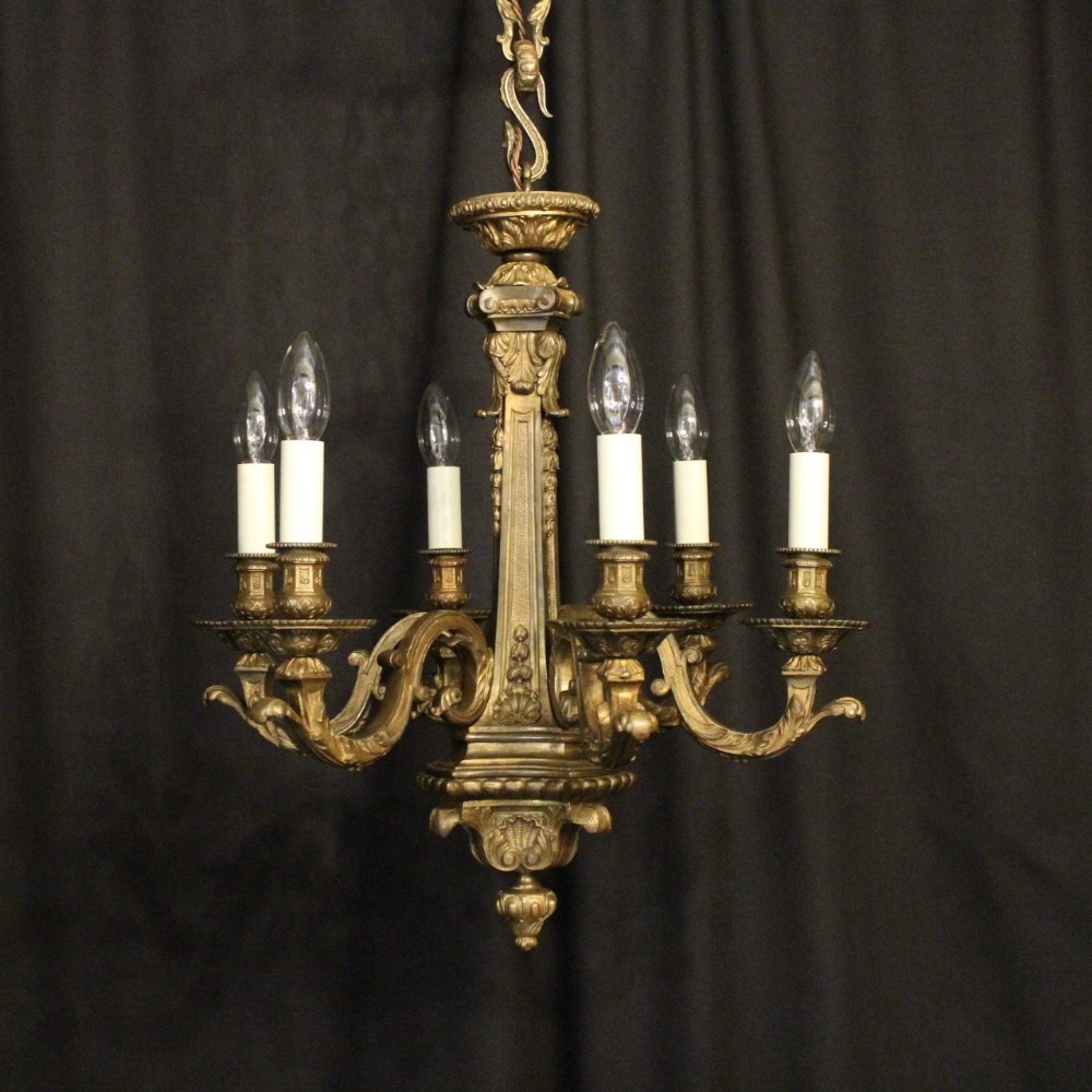 English 19th C Gilded Bronze 6 Light Antique Chandelier