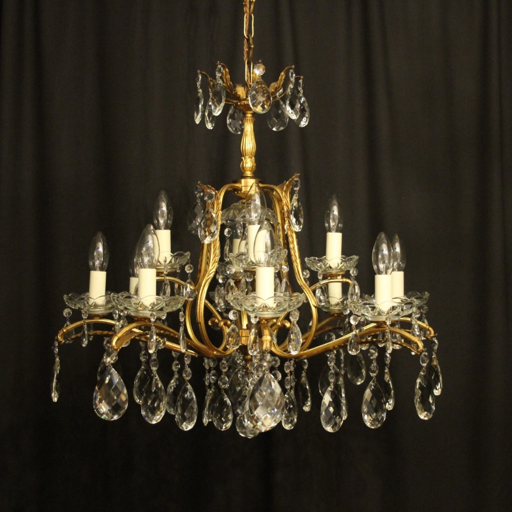 Italian Gilded Brass & Crystal 13 Light Birdacge Antique Chandelier