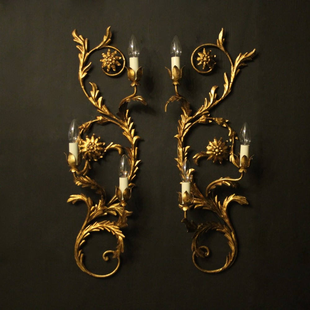 Florentine Pair Of Gilded Triple Arm Wall Lights