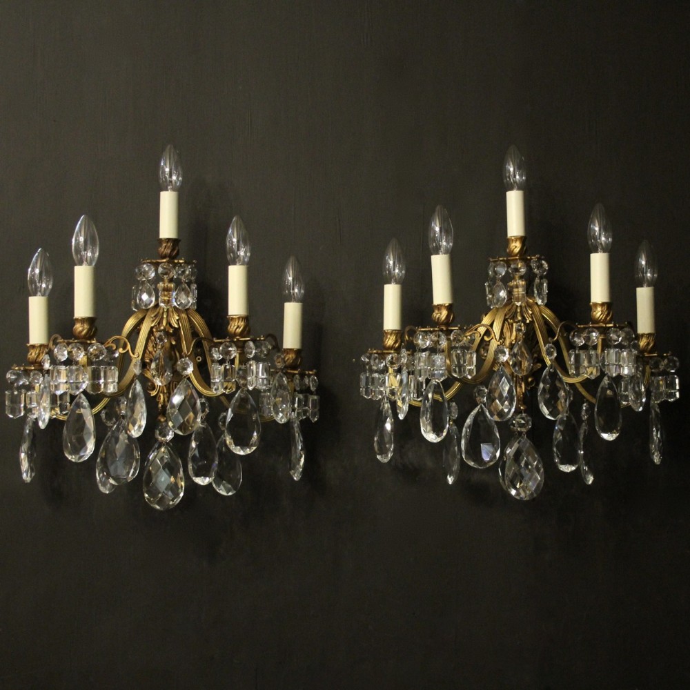 French Pair Of Gilded Bronze & Crystal Antique Wall Lights