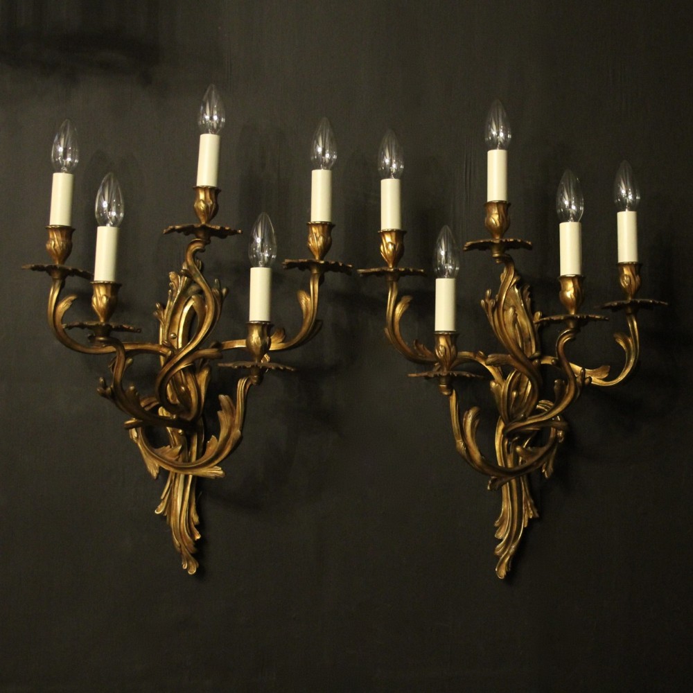 French 19th Century Gilded Bronze 5 Arm Antique Wall Sconces