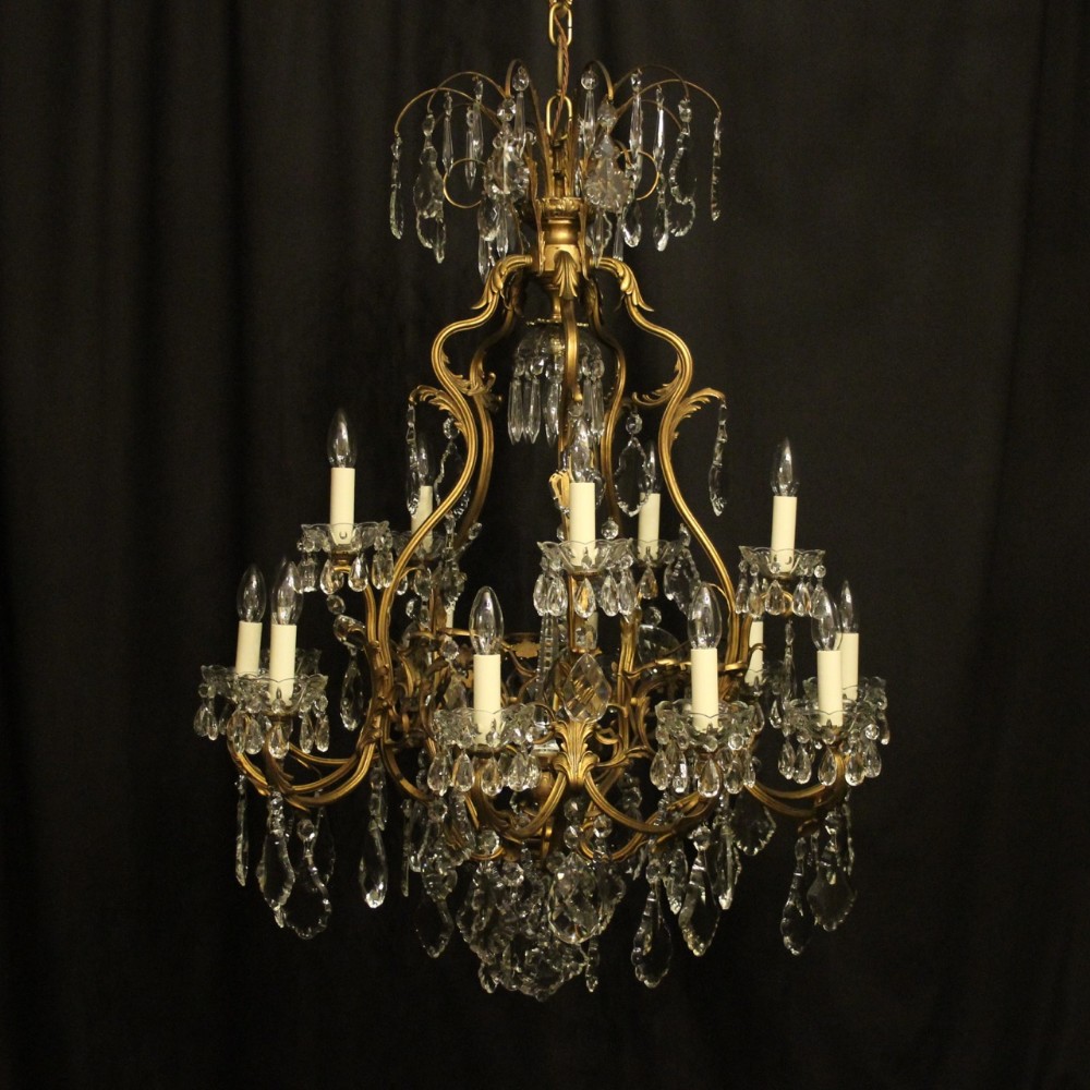 French Large Gilded Bronze & Crystal 16 Light Antique Chandelier