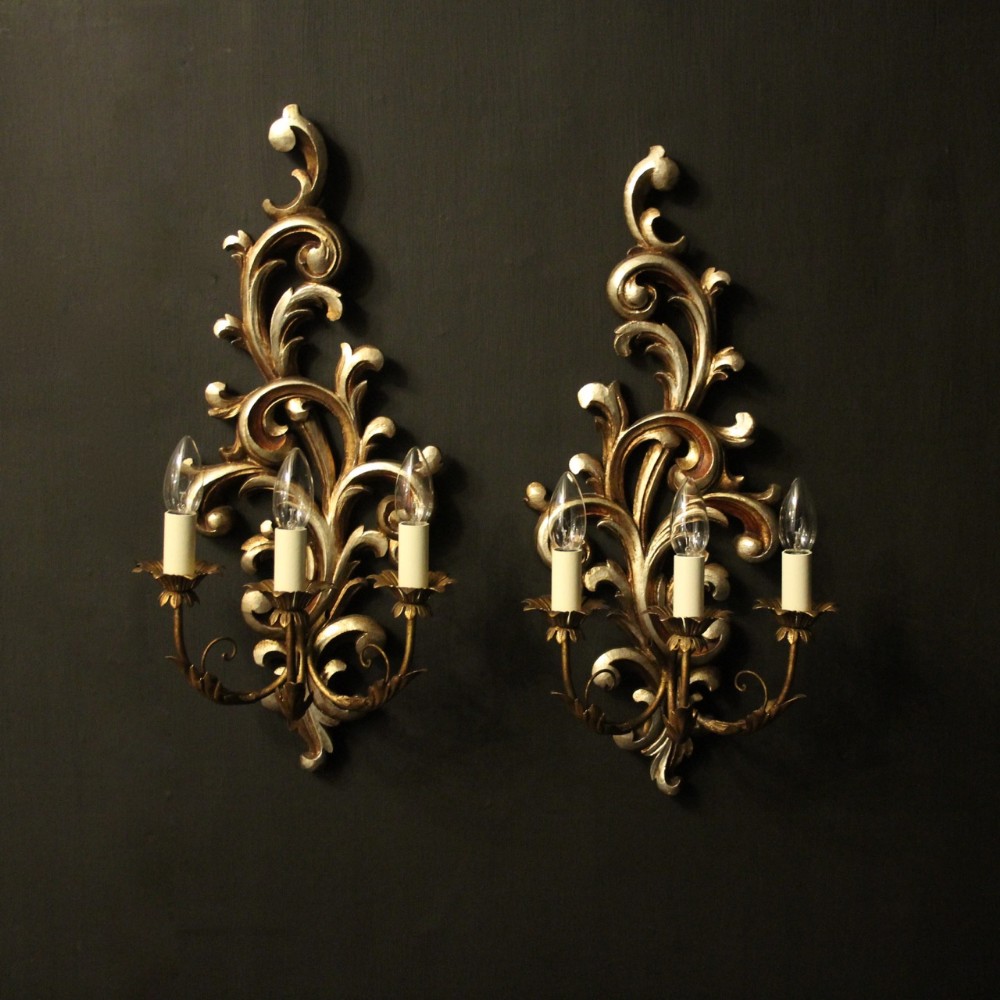 Italian Pair Of Polychrome Triple Arm Wall Lights