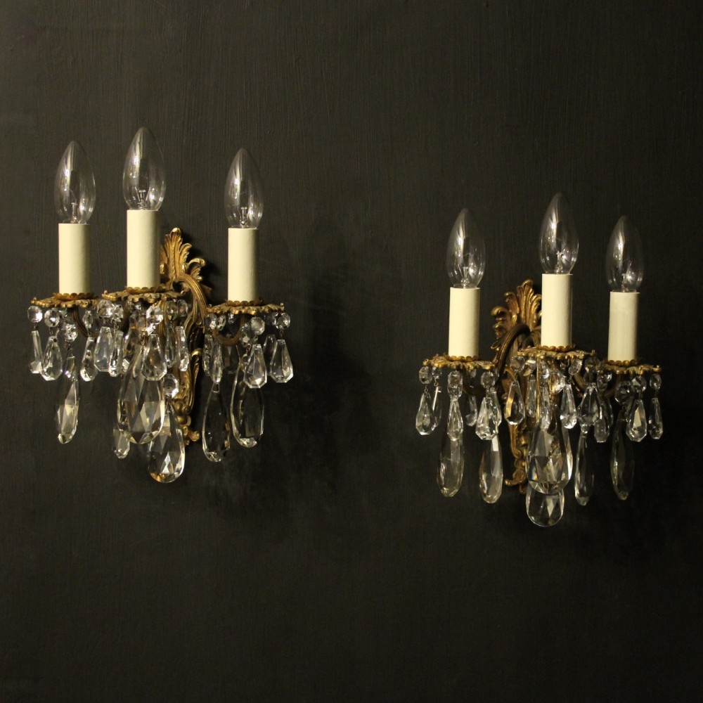 Italian Pair Of Gilded Bronze & Crystal Antique Wall Lights