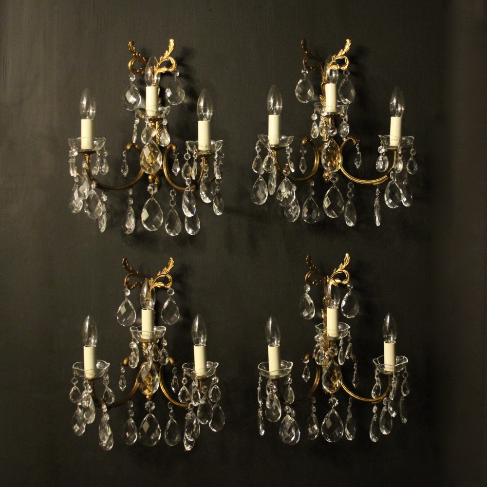 French Set Of 4 Gilded Brass & Crystal Antique Wall Lights