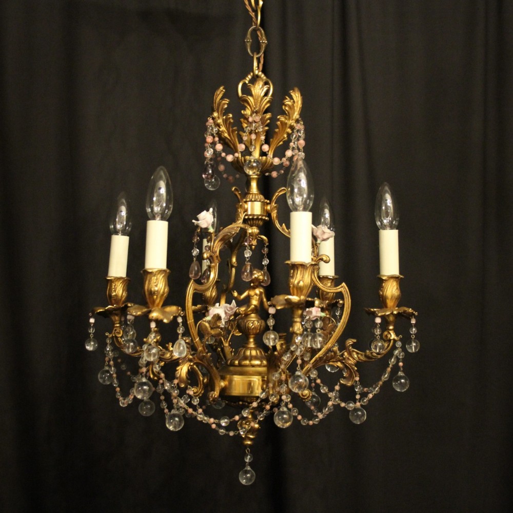 Italian Gilded Bronze & Crystal 6 Light Cherub Antique Chandelier