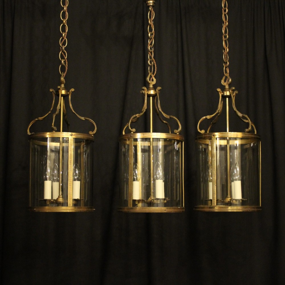 French Set Of Three Gilded Brass Convex Antique Lanterns