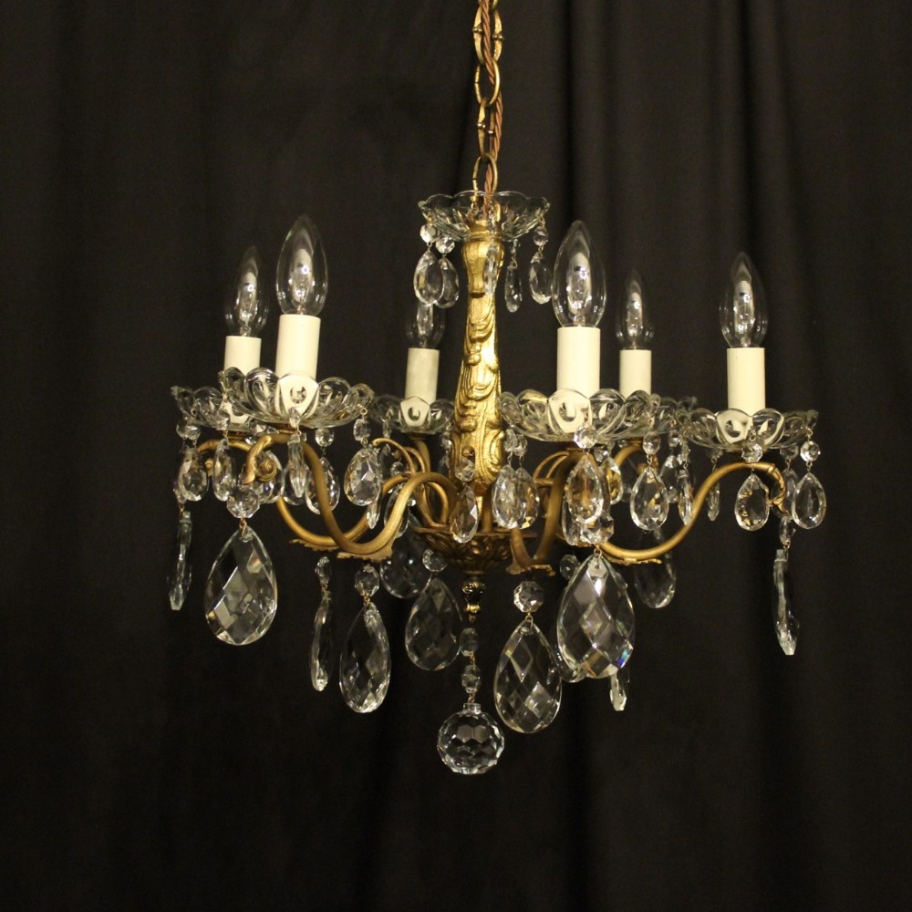 French Small Gilded & Crystal 6 Light Antique Chandelier