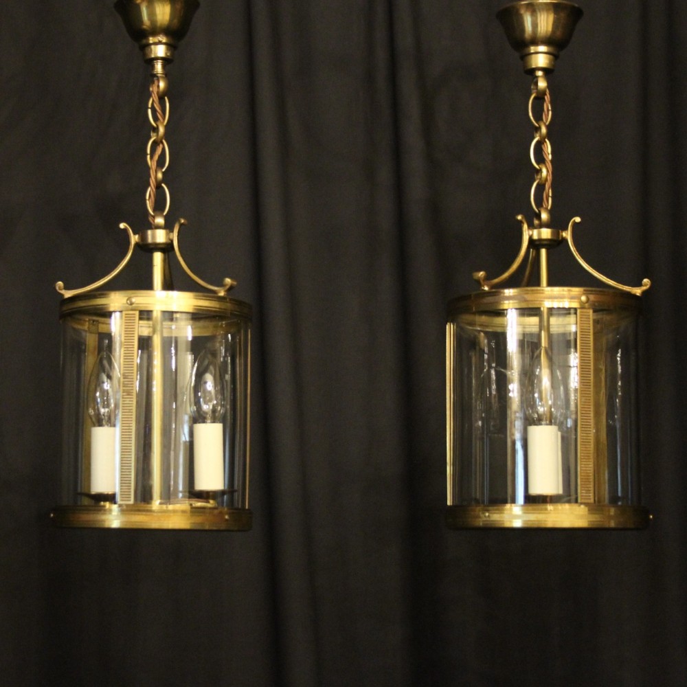 French Pair Of Gilded Brass Convex Antique Hall Lanterns