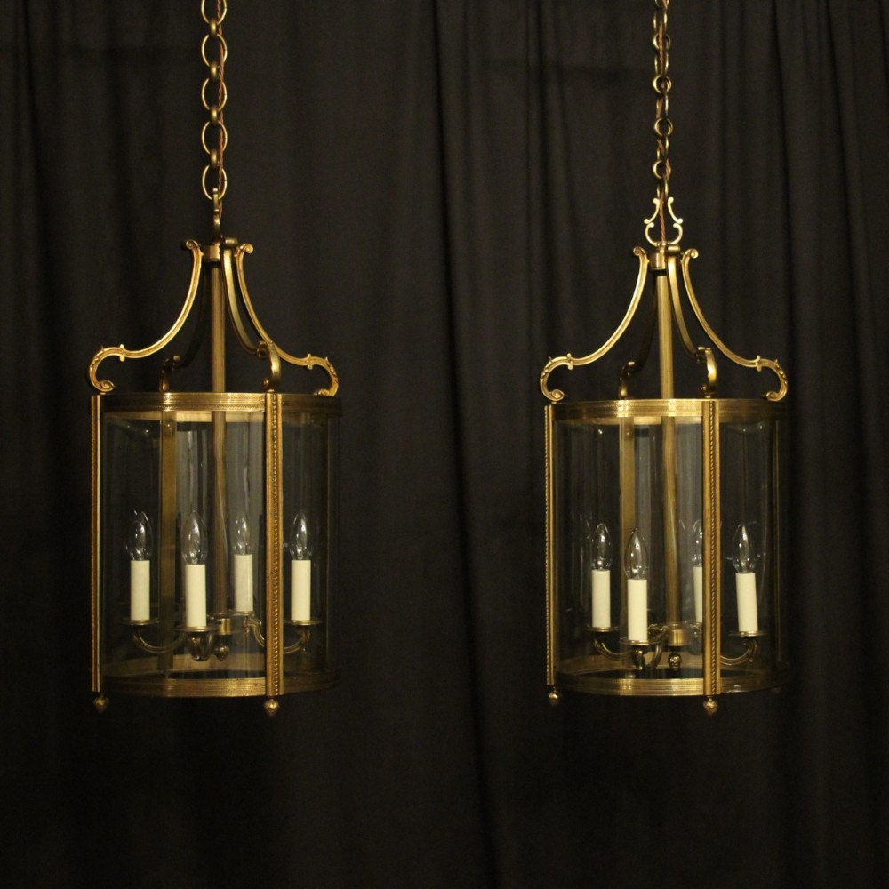 French Large Pair Of Bronze Convex Antique Hall Lanterns