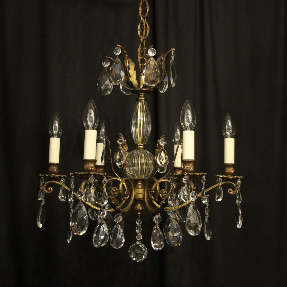 French Gilded Brass & Crystal 6 Light Antique Chandelier