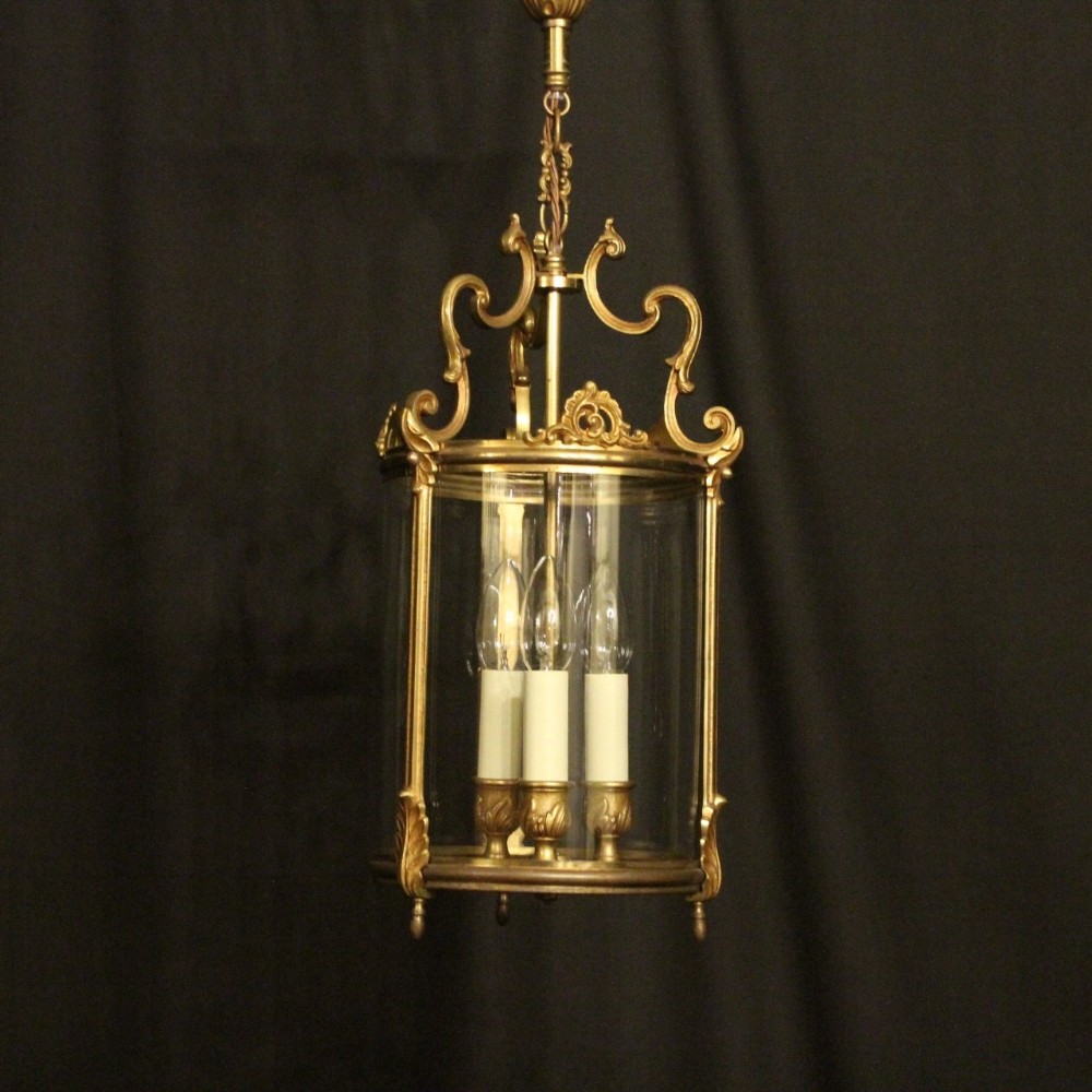 French Gilded Triple Light Antique Hall Lantern