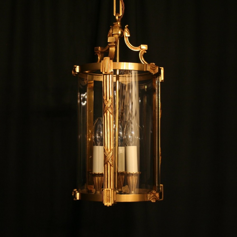 French Gilded Triple Light Antique Hall Lantern