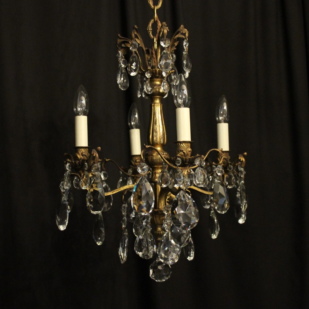 Italian Gilded Bronze & Crystal 4 Light Antique Chandelier