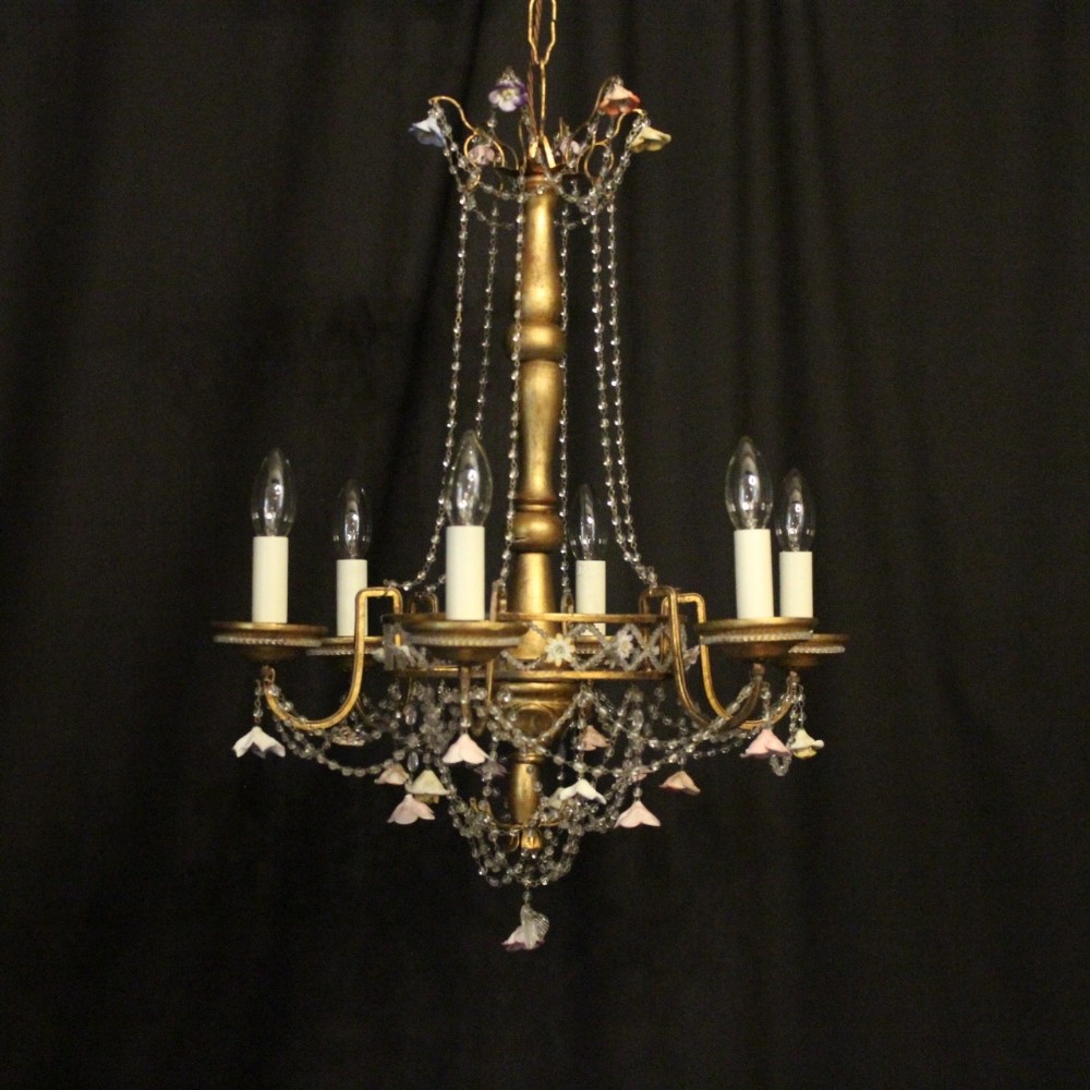 Italian Giltwood, Crystal & Floral 6 Arm Antique Chandelier