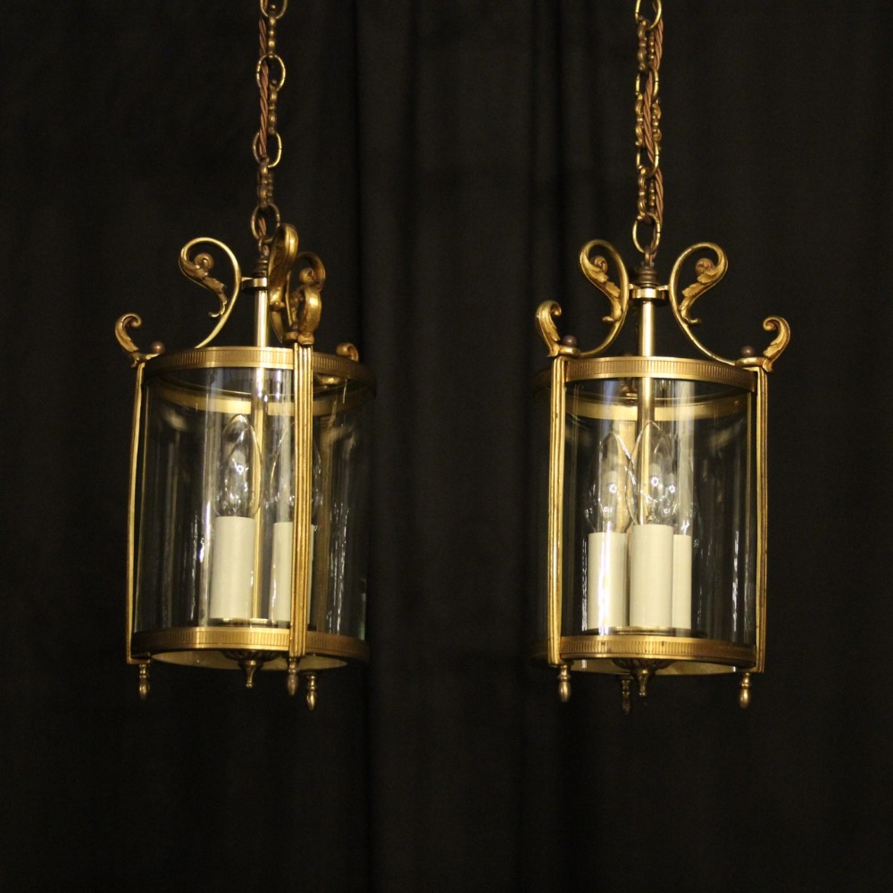 French Small Pair Of Gilded Concex Antique Hall Lanterns