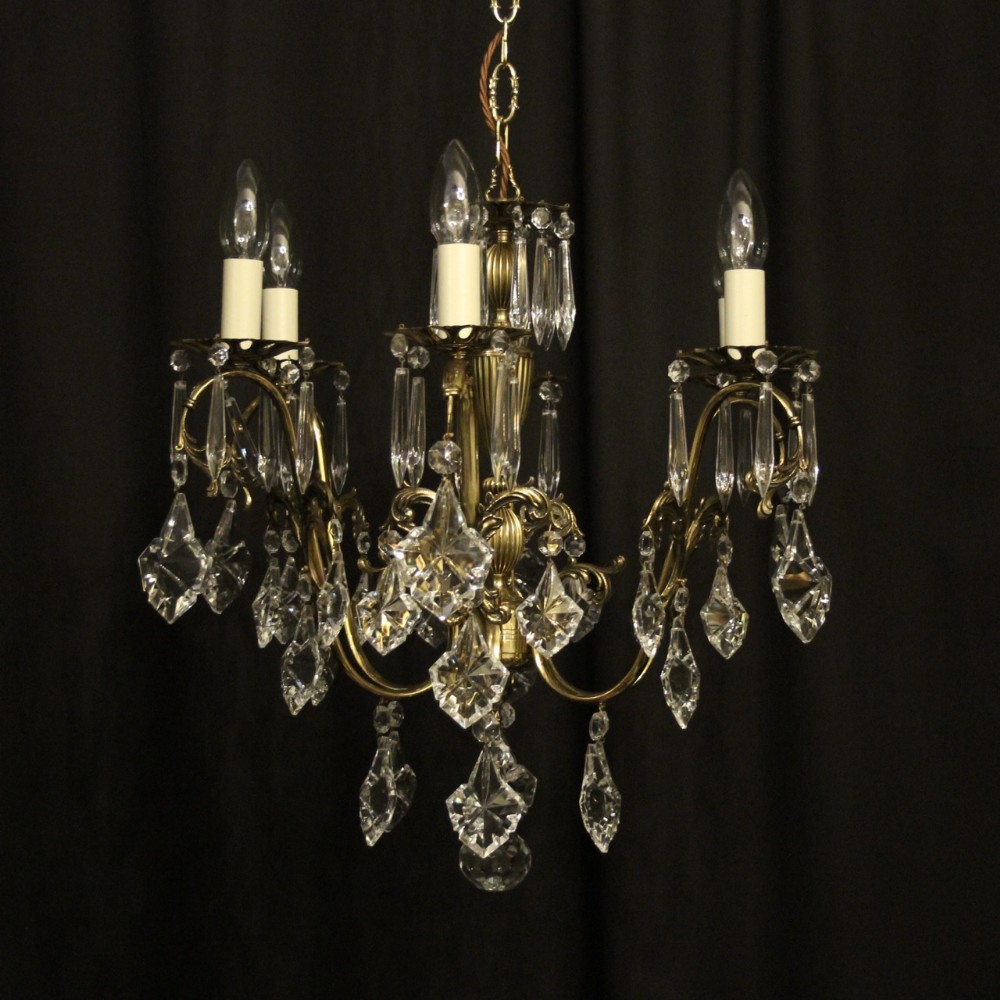 Italian Repolished Brass & Crystal 6 Light Chandelier
