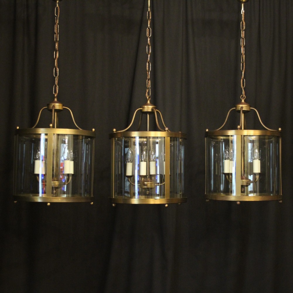 English Set Of 3 Brass Convex Lanterns