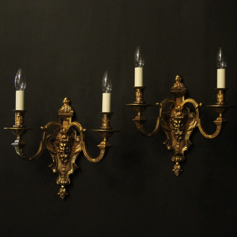 French Pair Of Gilded Bacchus Twin Arm Antique Wall Lights