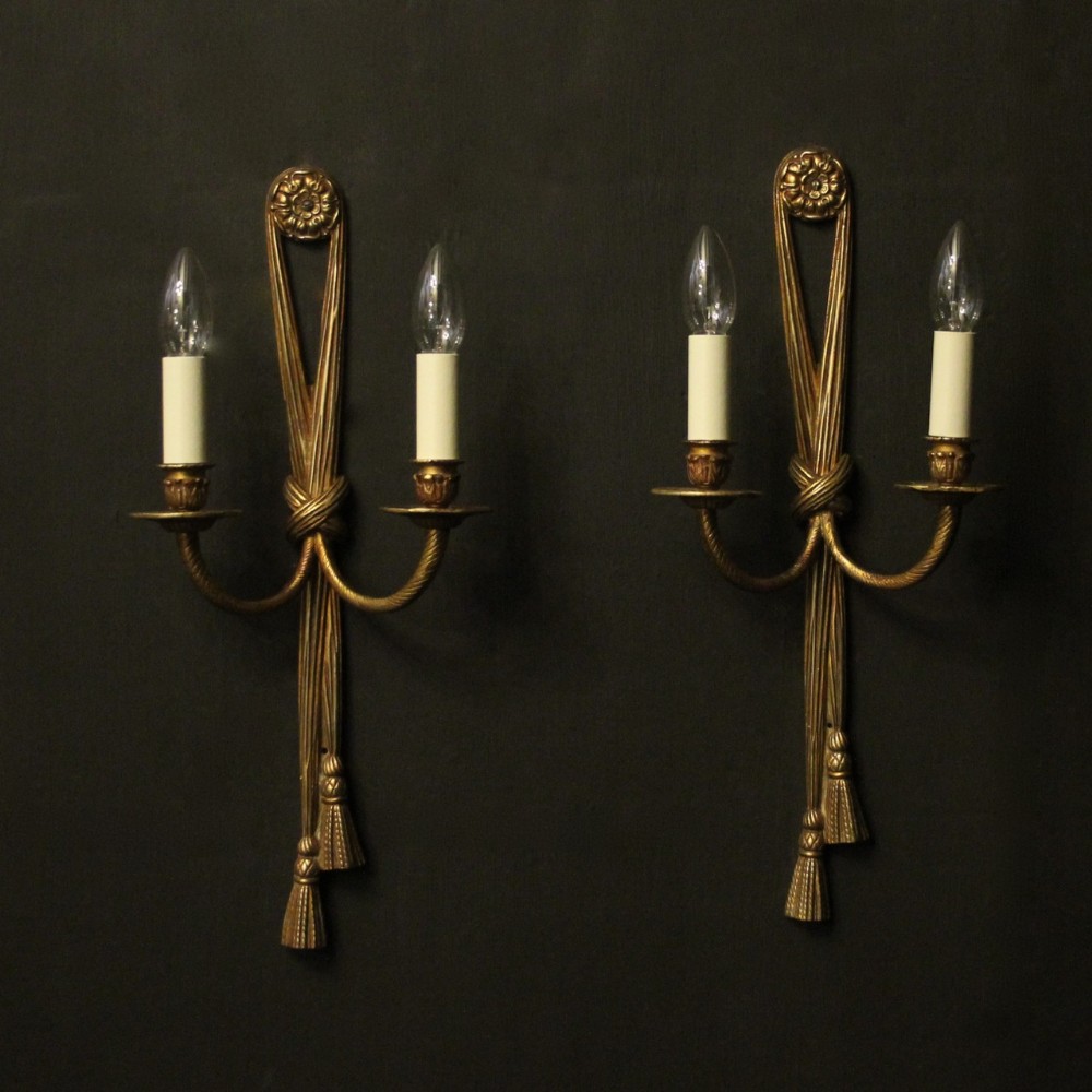 French Pair Of Gilded Brass Rope Wall Lights