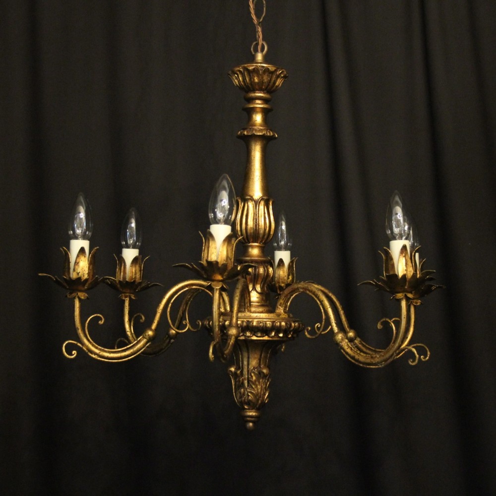 French Giltwood & Toleware 6 Light Chandelier